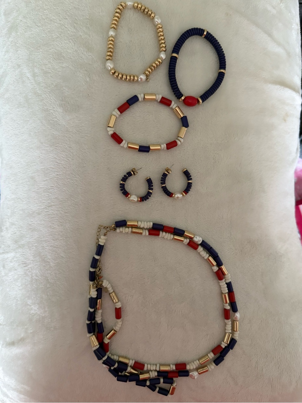 Beaded Navy, Red & White Necklace and Bracelet Set. Patriotic Jewelry.